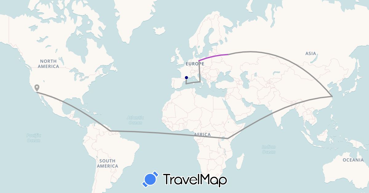 TravelMap itinerary: driving, plane, train in China, Germany, Spain, France, Guyana, Italy, Kenya, Russia, United States (Africa, Asia, Europe, North America, South America)